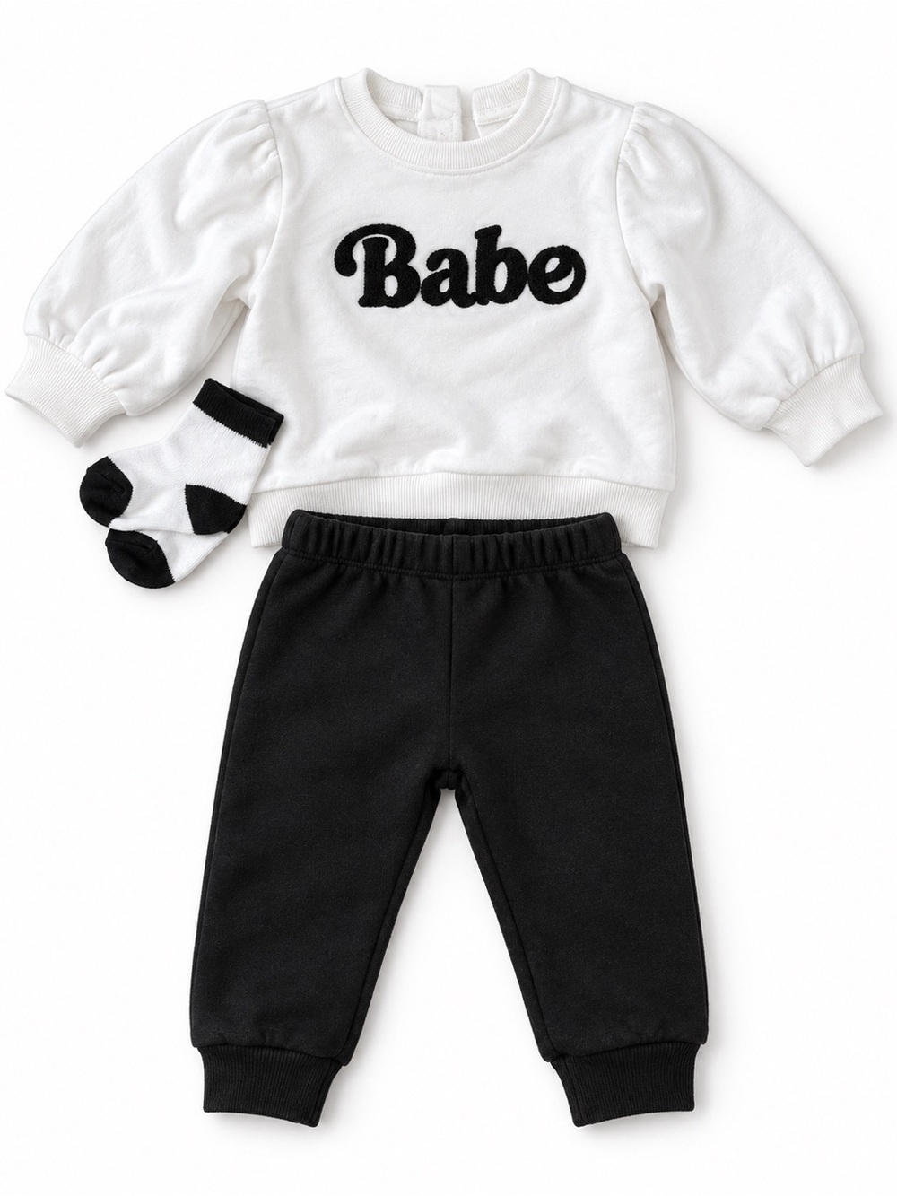White 'Babe' Sweatshirt & Black Joggers Set with Socks